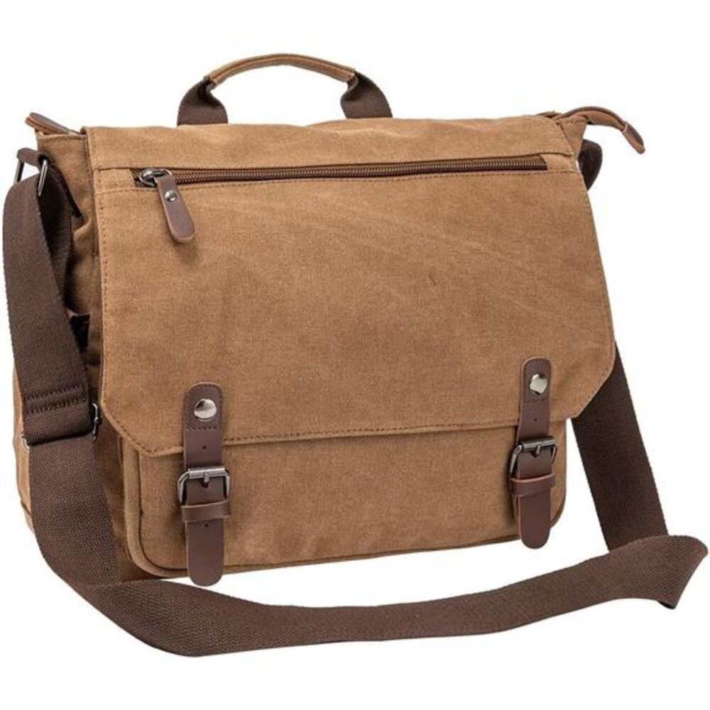 Vintage Genuine Leather Waxed Canvas Briefcase Large Satchel Shoulder Bag Rugged
